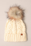 Popcorn Trim Knit Beanie w Faux Fur Pom