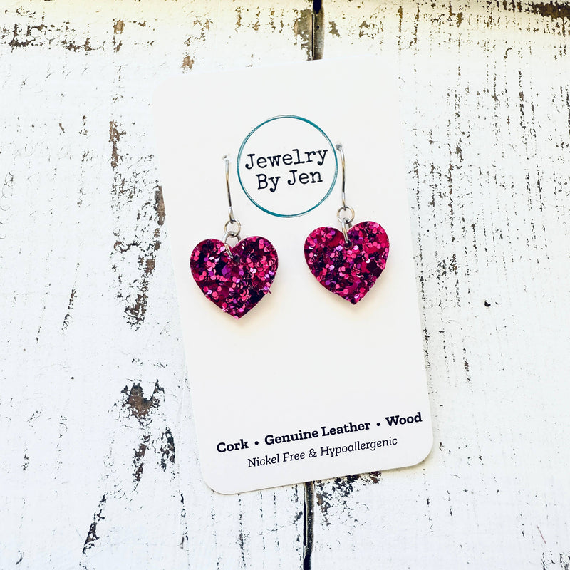 Jewelry By Jen - Heart Earrings (Mini): Fuchsia Glitter