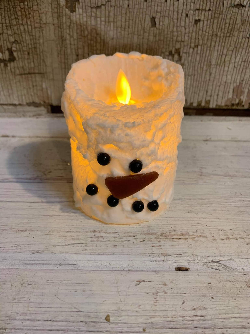 Snowman Bumpy White Moving Flame LED Candle 3in by 4in