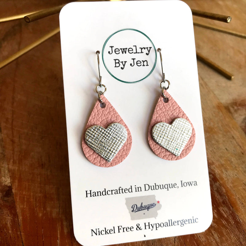 Small Teardrop Earrings: Pink w/Silver Heart