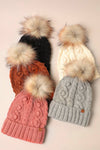 Popcorn Trim Knit Beanie w Faux Fur Pom