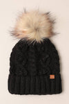 Popcorn Trim Knit Beanie w Faux Fur Pom