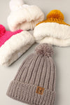 Winter Rib Knitted Sherpa Lined Pom Pom Beanie Hat