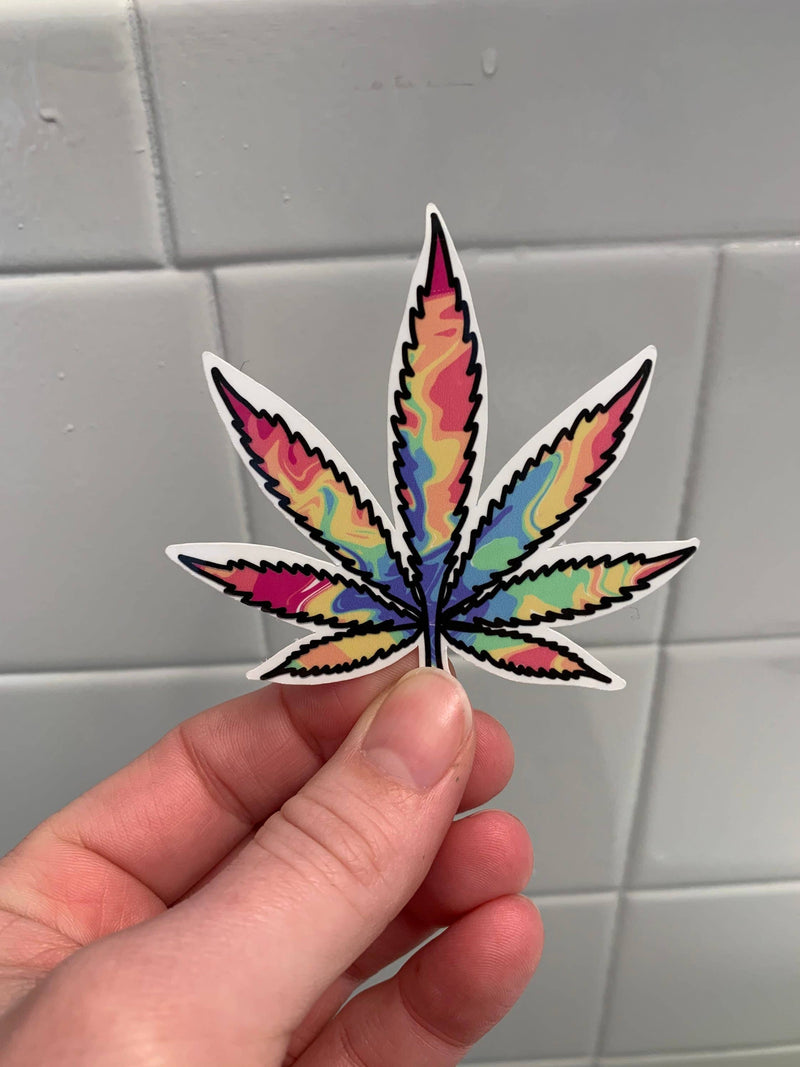 Pot Leaf/Cannabis/Marijuana Sticker, Tie Dye/Rainbow (Regular or Mini) -WATERPROOF, Laptop Sticker,  Car Sticker, Weatherproof Sticker