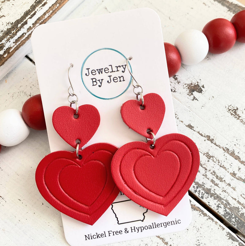 Jewelry By Jen - Embossed Double Heart Earrings: Fire Red