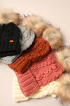 Popcorn Trim Knit Beanie w Faux Fur Pom