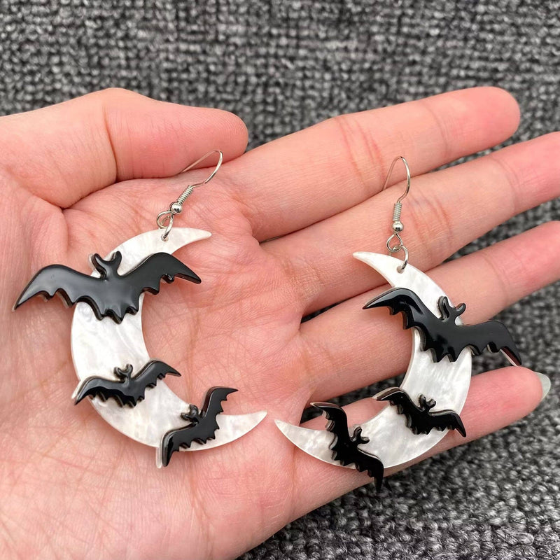 Halloween Bats Under The Moonlight Acrylic Dangle Earrings - GT