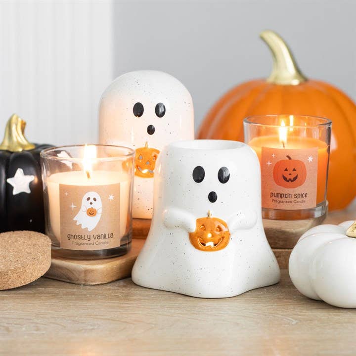 Ghost Shaped Halloween Tealight Candle Holder with Pumpkin