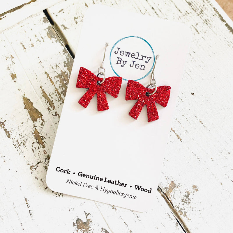 Jewelry By Jen - Bow Earrings: Red Fine Glitter