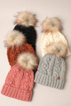 Popcorn Trim Knit Beanie w Faux Fur Pom