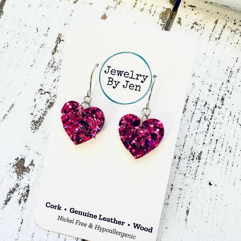 Jewelry By Jen - Heart Earrings (Mini): Fuchsia Glitter