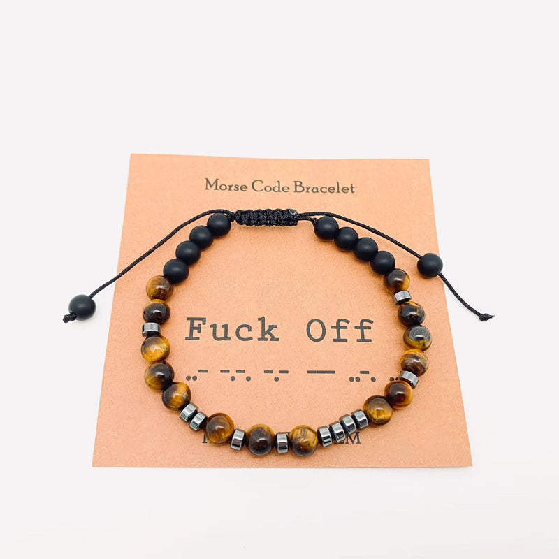 Morse Code Tiger's Eye Frosted Stone Beaded Stretch Bracelet