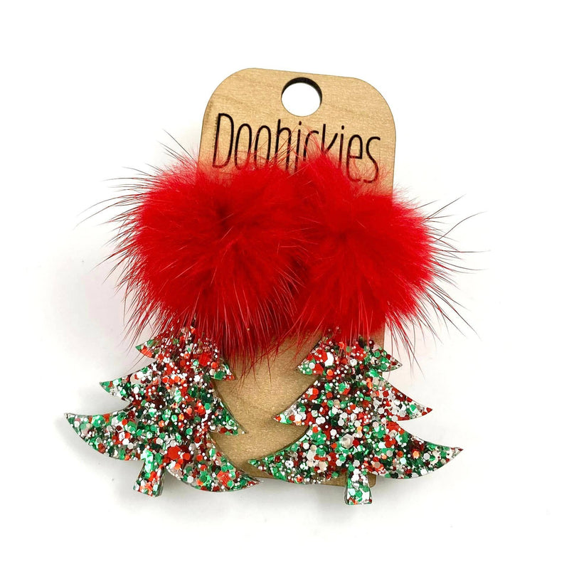 Boujee Red Puffs and Christmas Glitter Swoopy Acrylic Earrings - Christmas Earrings