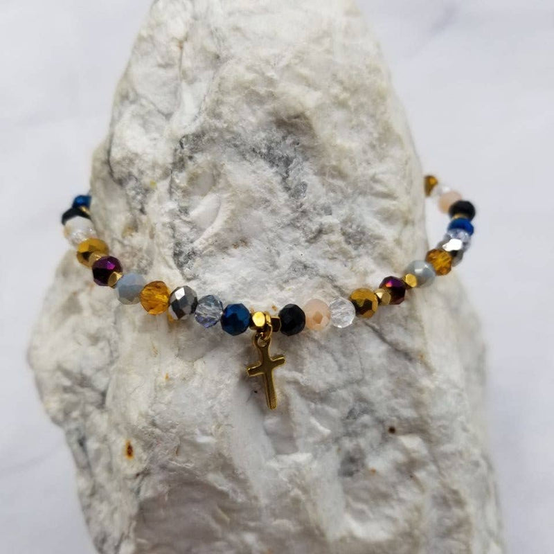 Multicolor Glass Bead Cross Bracelet - God Bless You
