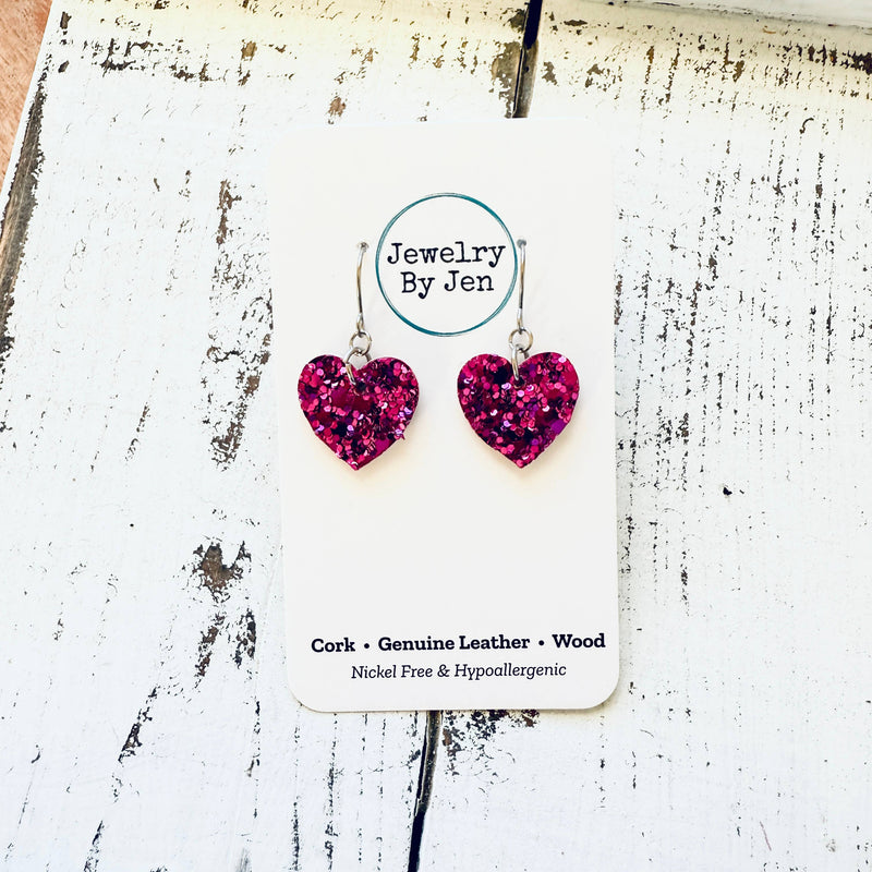 Jewelry By Jen - Heart Earrings (Mini): Fuchsia Glitter