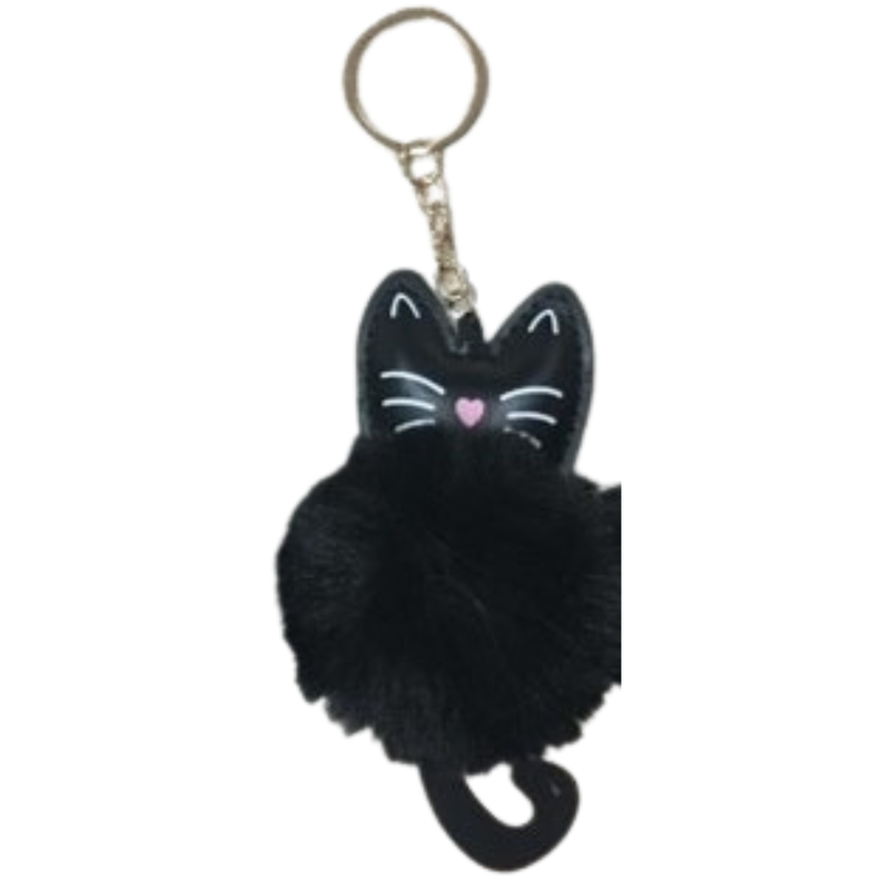 Pom Pom Black Cat/Grey Speckled Cat Keyring